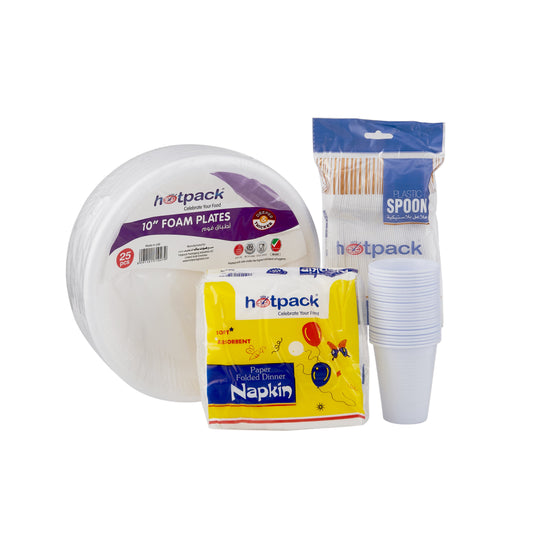13 Packets Combo Pack Set -Foam Plate 25 Pieces + Napkin + Spoon 50 Pieces + Plastic Cup 25 Pieces