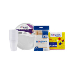 13 Packets Combo Pack Set -Foam Plate 25 Pieces + Napkin + Spoon 50 Pieces + Plastic Cup 25 Pieces