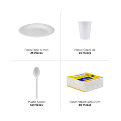 13 Packets Combo Pack Set -Foam Plate 25 Pieces + Napkin + Spoon 50 Pieces + Plastic Cup 25 Pieces